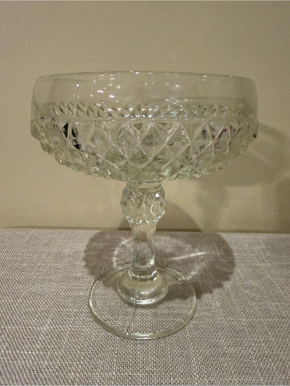 Vintage Diamond Point Cut Glass Compote Candy Dish Footed Pedestal Bowl Clear
